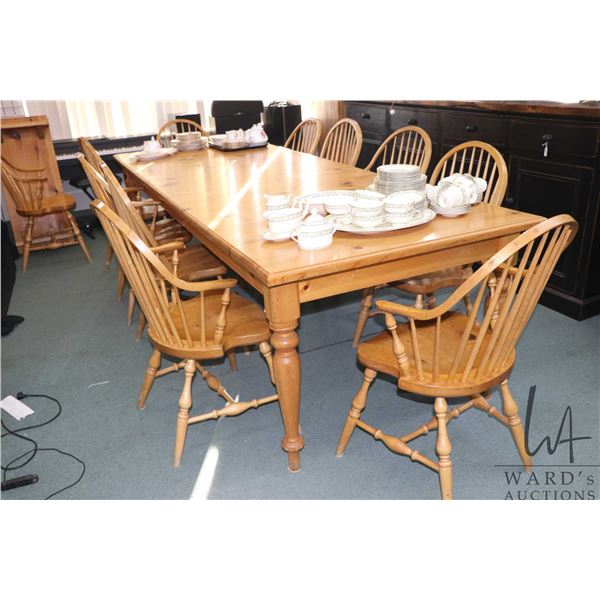 Large pine harvest table on turned supports, 42" X 96" plus two 18" skirted insert leaf plus seven p