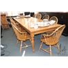 Image 1 : Large pine harvest table on turned supports, 42" X 96" plus two 18" skirted insert leaf plus seven p