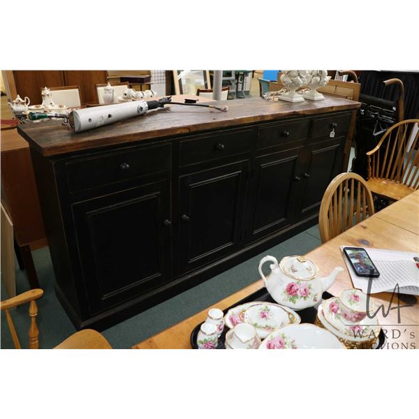 Large black distressed four drawer and four door buffet with live edge wooden top, 42" H X 96" W X 1