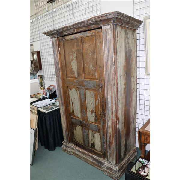 Large antique single door cabinet with multiple shelves and beautifully distressed finish, 79" H X 5