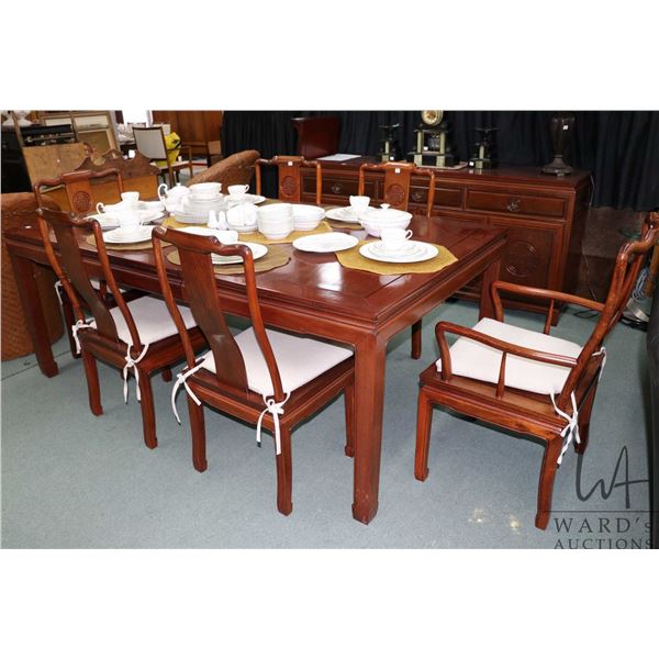 Modern Oriental style, rosewood dining table 44" X 60" plus two 18" skirted insert leaves and six di
