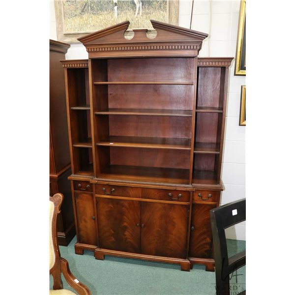 Diminuitive flame mahogany book cabinet with four doors, three drawer, pull writing surface and book