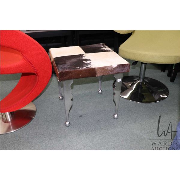 Cow skin stool with aluminum legs, 18" square