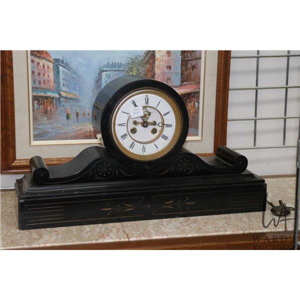 Antique French slate mantle clock with brass hardware, white enamel face and Roman numerals, note: n