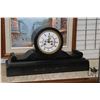 Image 1 : Antique French slate mantle clock with brass hardware, white enamel face and Roman numerals, note: n