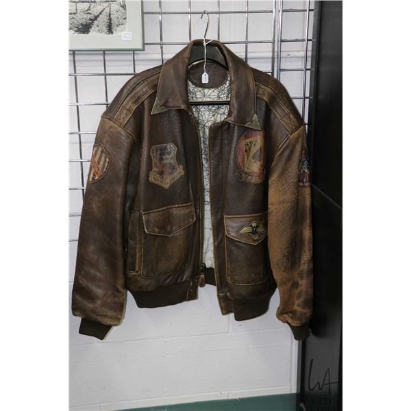 Men's large leather WWII replica bomber jacket with French map lining of "Coastal Defense Area- Sout