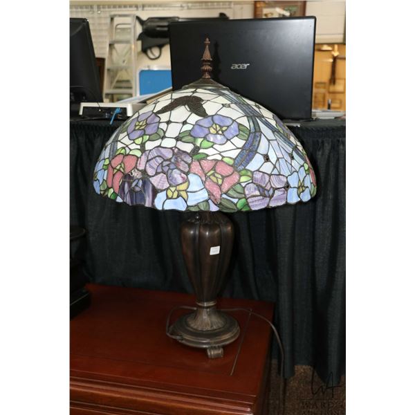 Antique style leaded and slag glass lamp with butterfly theme, 30" to top of finial. Note: Not avail