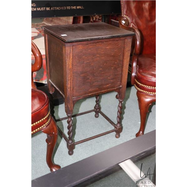 Antique flip lid sewing/ knitting cabinet with lined interior and barley twist supports, 27" H x 15"