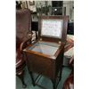 Image 2 : Antique flip lid sewing/ knitting cabinet with lined interior and barley twist supports, 27" H x 15"