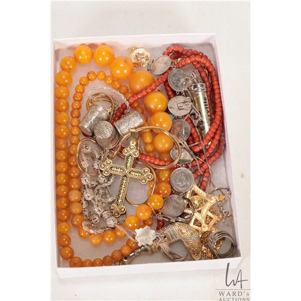 Tray lot of vintage and collectible jewellery including beeswax necklace, coral necklaces, coin silv