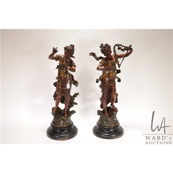 Two antique spelter figures "Muse Des Bois" par Louis Moreau ( Mlle d' Or), including a 20" harpist 