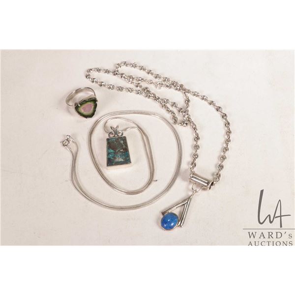 Selection of silver jewellery including Italian 28" neck chain with stone pendant, both marked 925 p