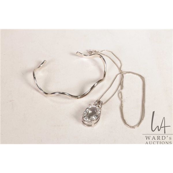 Sterling silver 20" box chain with faceted gemstone pendant and a sterling silver cuff bracelet