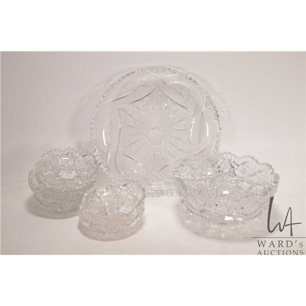 Selection of brilliant cut crystal including signed 8" diameter center bowl, 11" round plate and six