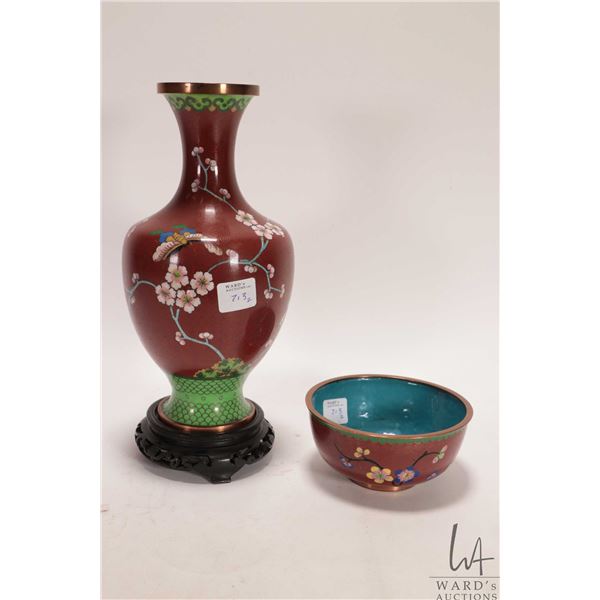 Two pieces of Chinese cloisonne including floral and butterfly 9" vase and a floral bowl
