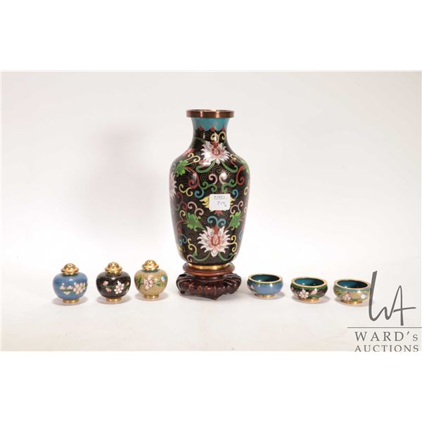 Selection of Chinese cloisonne including three open salts with peppers plus a 9" vase