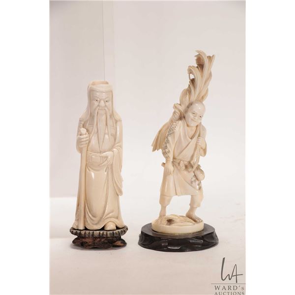 Hand carved antique elephant ivory Okimono figure 6" in height including attached wooden plinth and