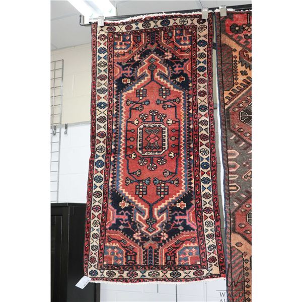 100% hand made Iranian wool carpet, Nahavand, center medallion, red background and highlights of blu
