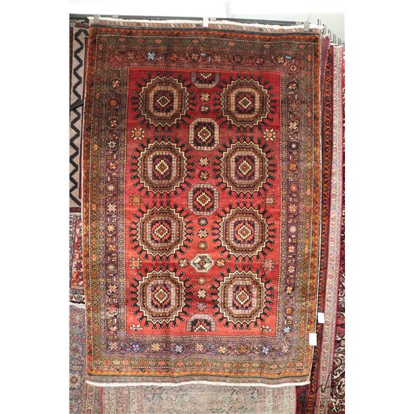 100% hand made Iranian wool carpet, Baluchi, geometric pattern, red background and highlights of blu