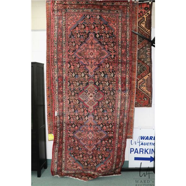 100% hand made Iranian wool carpet runner, Hamdan, triple medallion, red background and highlights o