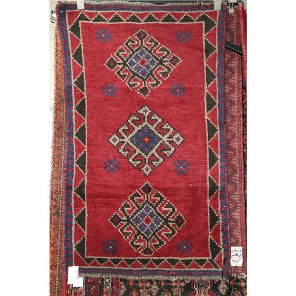 100% hand made Iranian wool carpet, fasa, triple medallion, red background and highlights of blue, b