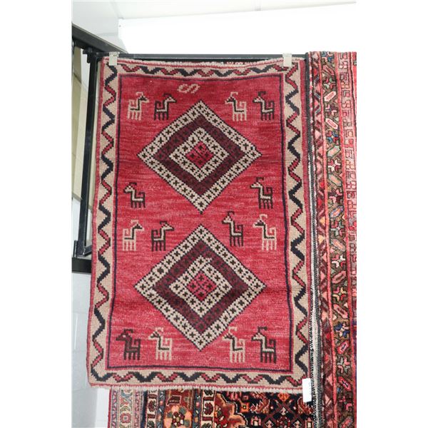 100% hand made Iranian wool carpet, Shiraz, double medallion, red background, stylized goat pattern 