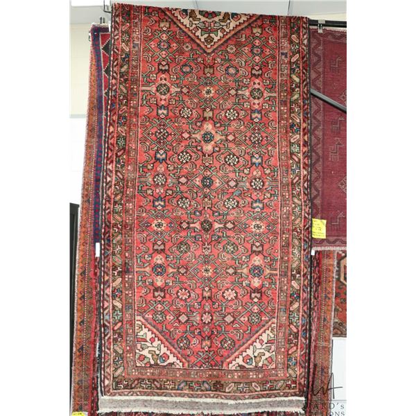 100% hand made Iranian wool carpet runner, Hamdan, center medallion and red background with highligh