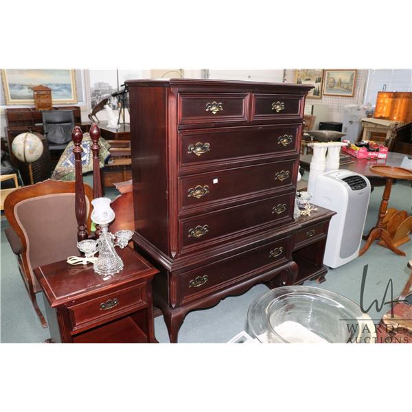 Solid mahogany bedroom suite with 60" four poster bed, a 62" highboy and two single drawer sideboard