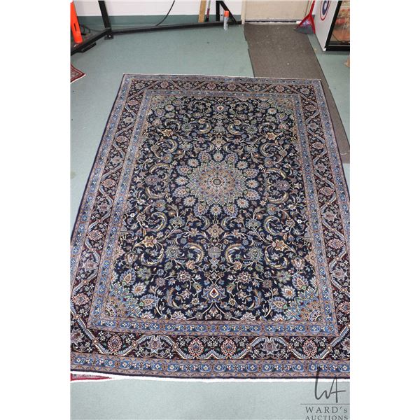 100% hand made Iranian wool carpet, Kashan, center medallion blue background and highlights of blue,