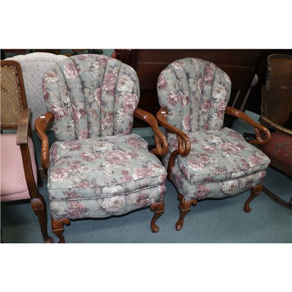 Pair of mid 20th century open arm parlour chairs with channel back upholstery