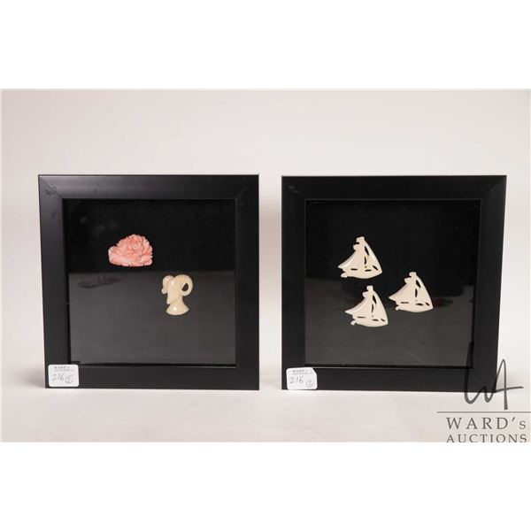 Two framed wall mount shadow boxes featuring ivory ships and a rose and rams head, each 7" X 7" outs