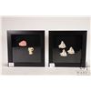 Image 1 : Two framed wall mount shadow boxes featuring ivory ships and a rose and rams head, each 7" X 7" outs