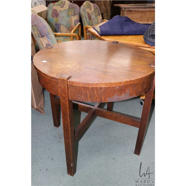 Antique quarter cut oak, Mission style games table with chip and card storage, 28" H X 30" diameter