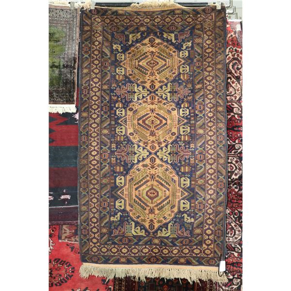 Vintage wool carpet runner with triple medallion, blue background and highlights of taupe, green, cr