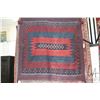 Image 1 : Kilim and woven carpet with red/blue background and white highlights. 63" x 64"