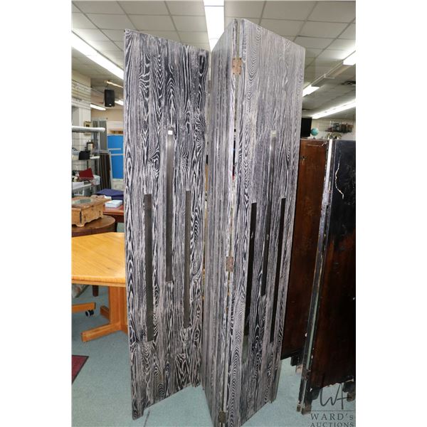 Semi contemporary three panel room divider with inset stainless steel decoration, each panel is 79" 