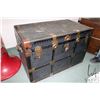 Image 1 : Antique metal bound steamer trunk with removable tray, 24" X 38" X 22"