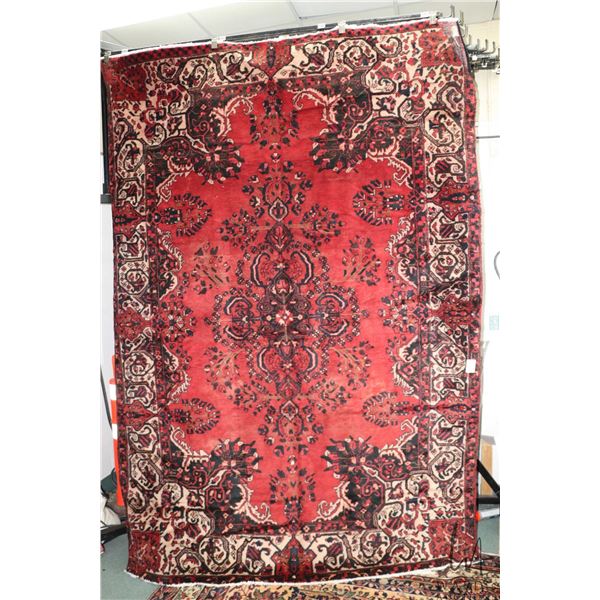 100% hand made Iranian wool carpet, Hamdan, center medallion red background and highlights of black,