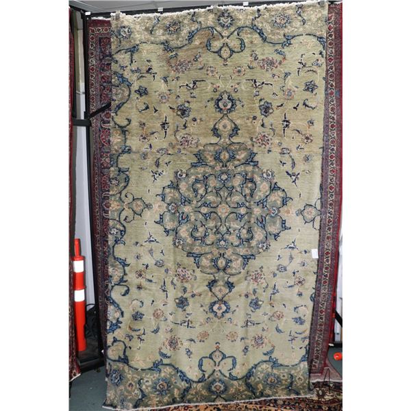 100% hand made Iranian wool carpet, Kashan, center medallion cream background and highlights of blue