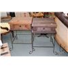 Image 1 : Two side tables, both with wrought iron bases and single drawer wooden tops, each 26" H X 20" square