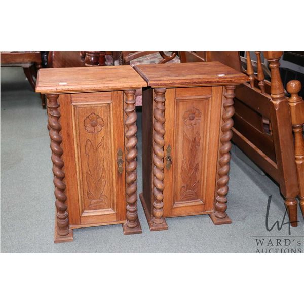 Pair of single door side tables with barley twist columns and carved floral raised panels, re purpos