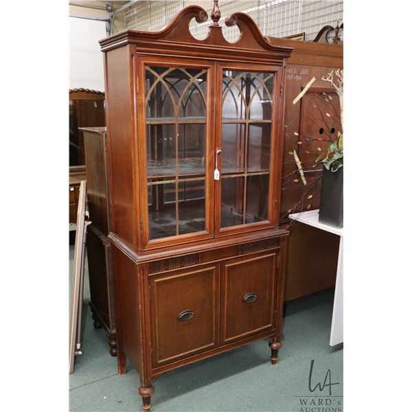 Vintage mahogany one piece chest on chest style china cabinet, 72" X 33" X 15"