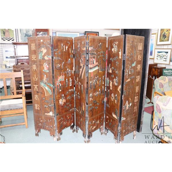 Antique Chinese Coromandel kuancai lacquered, six panel screen with inlaid ivory, mother-of-pearl, s