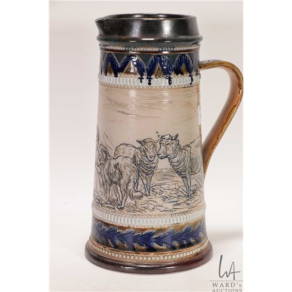 Antique Hannah Barlow, artist signed Doulton Lambeth pitcher with sgraffito scene depicting a child 