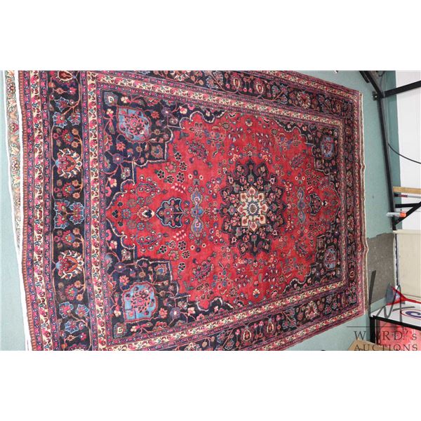 100% hand made Iranian wool carpet, Mashad, center medallion red background and highlights blues, pi