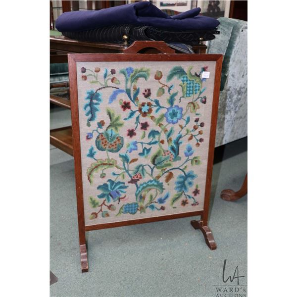 Antique fireplace/ draft screen with needlepoint panel, 29" X 19"