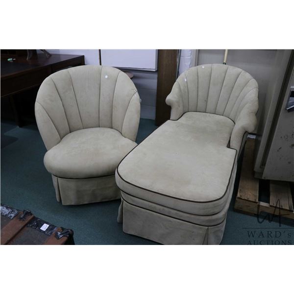 Matching chaise lounge and boudoir chair each channel backed with brown piping
