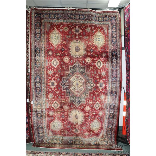 100% hand made Iranian wool carpet, Hamdan, center medallion, red background and highlights of blue,