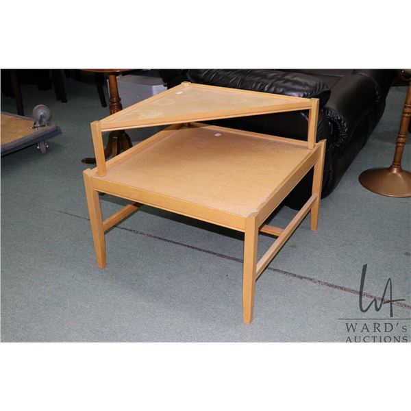 Mid century modern Canadian made blonde oak two piece step up side table, 22" to upper level, 25" X 