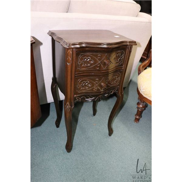 Vintage small decoratively carved two drawer side table, 28" X 15" X 12"